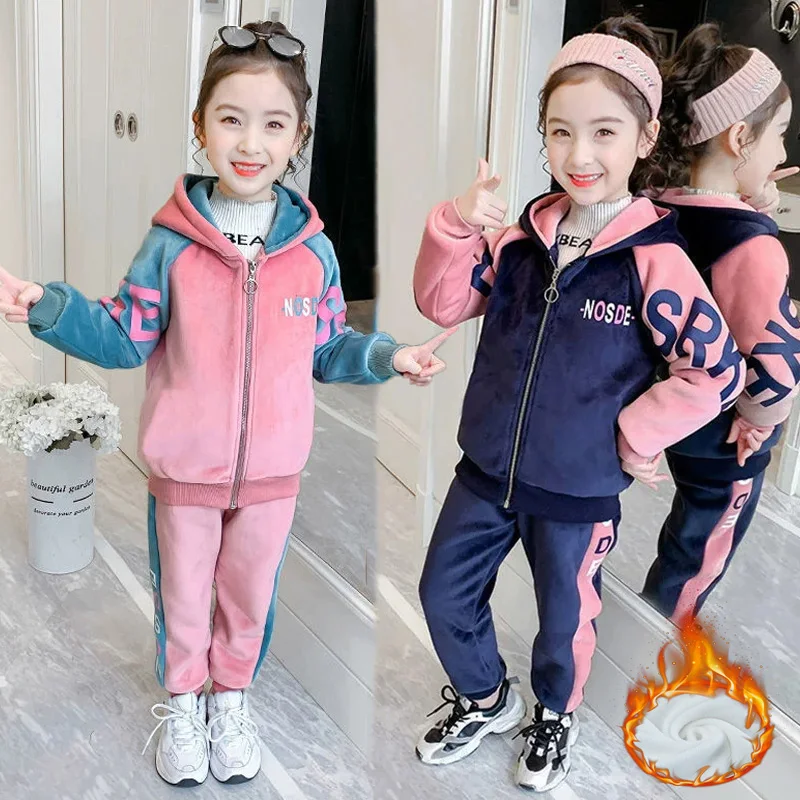 

Girls Plus Velvet Sets Children Autumn Winter Padded Suit Thicken Warm Clothing Teenagr Hooded Padded Jackets+Pants 2Pcs Outfits