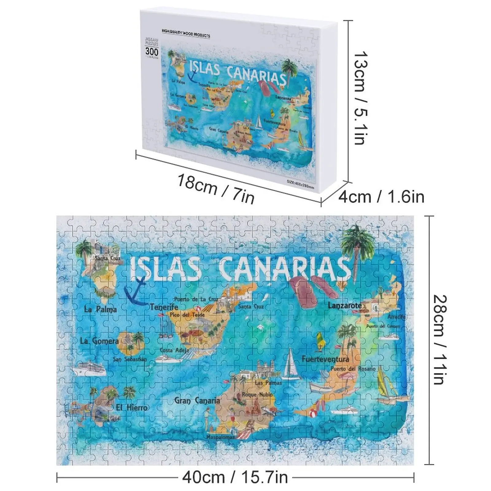 Иллюстрированная карта путешествий Канарских островов с тенэрифе, Гран Канарри, Ланзароте, Fuerteventura La Palma Gomera и профессиональная головоломка