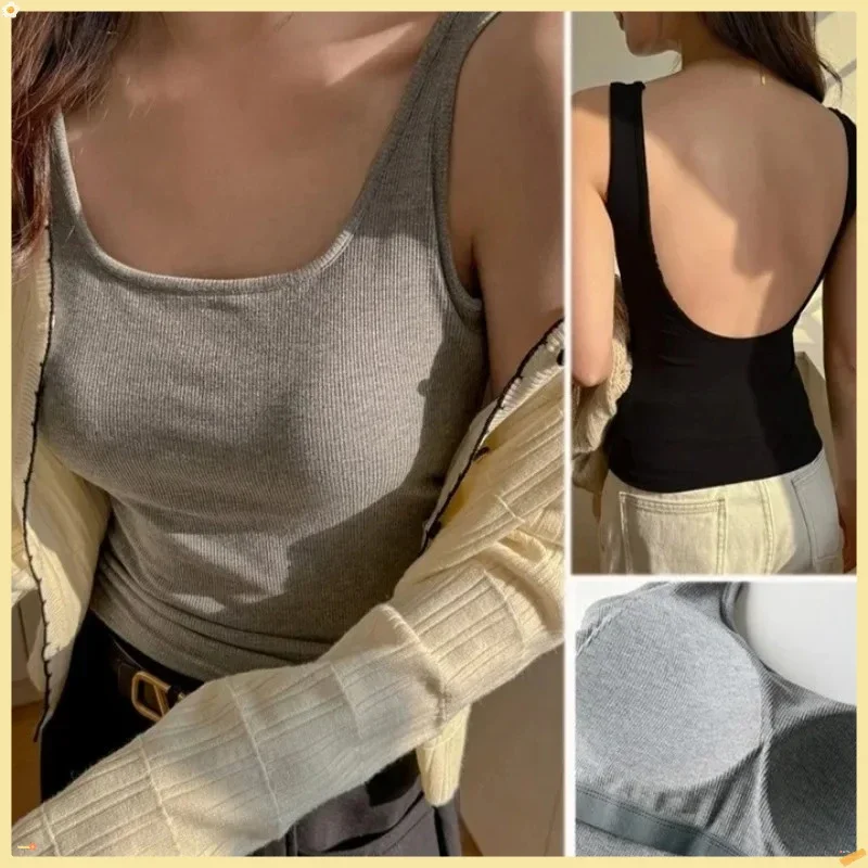 

【2025 Summer New】Strapless Vest with Chest Pad for Women Square Neck Backless Base Layer High-end Sleeveless Exposed Back Design