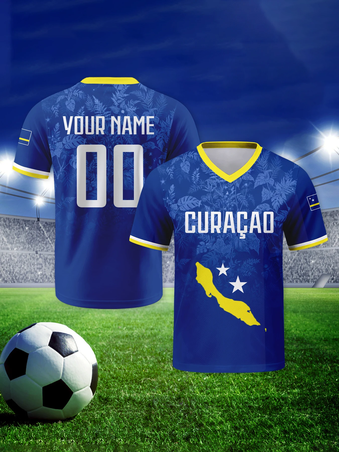 Op maat gemaakt Curaçao voetbaltenue, gepersonaliseerd met naam en nummer, ademend voetbalteamshirt met V-hals voor heren, jeugd en dames - afbeelding 2