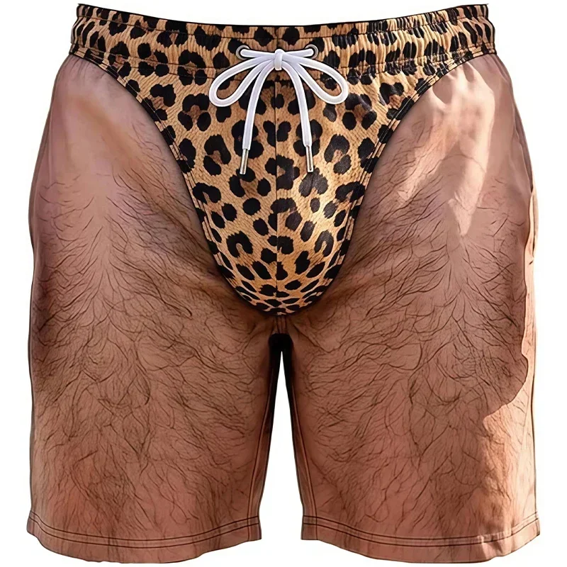 Neuartige Herren-Badeshorts mit 3D-Druck, Fake-Hairy-Leg-Effekt, Leopardenmuster, Kordelzug, Schnelltrocknend, Strand-Boardshorts, Sommer-Urlaubs-Badebekleidung – Detail 2