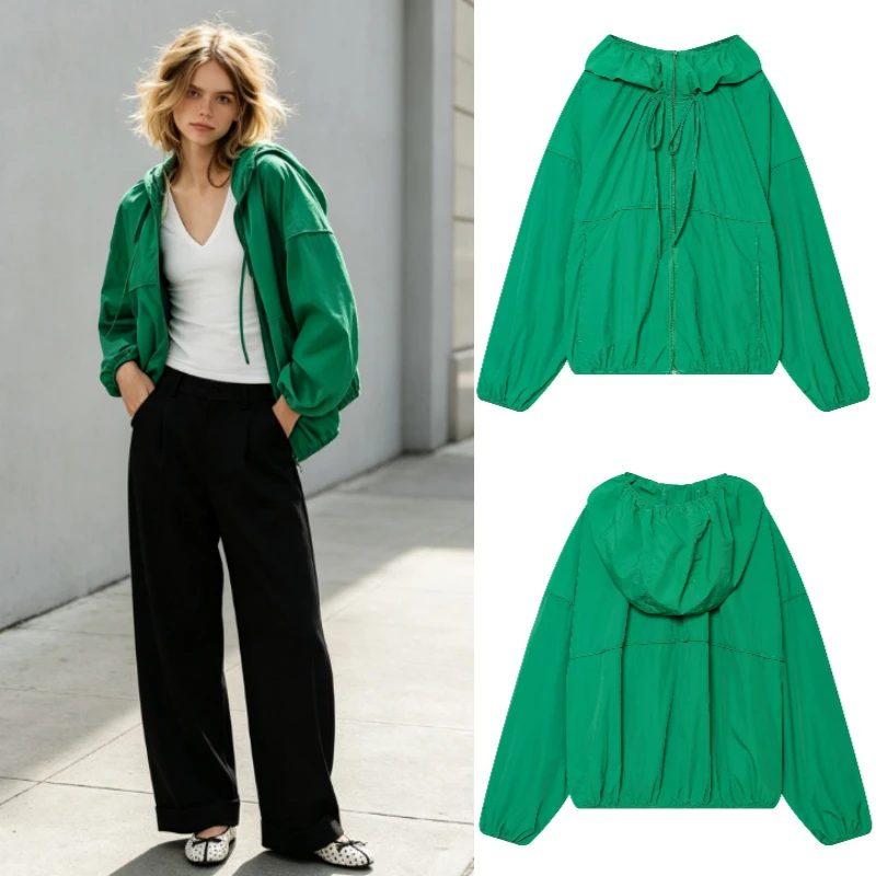 Women's Hooded Jacket 2026 Autumn New Fashion Zipper Drawstring Waist Loose Long Sleeve Cropped Windbreaker