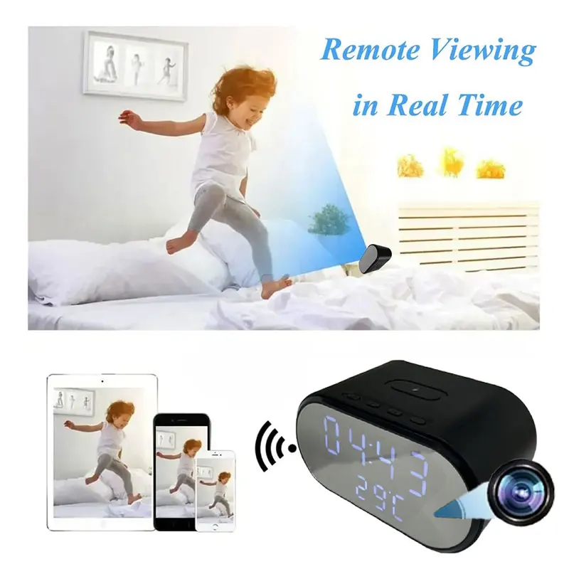 4K HD WiFi6 Camera Wireless Charger Mini Smart Alarm Clock Cameras Remote Viewing Display Temperature Camcorders Baby Nanny Cam