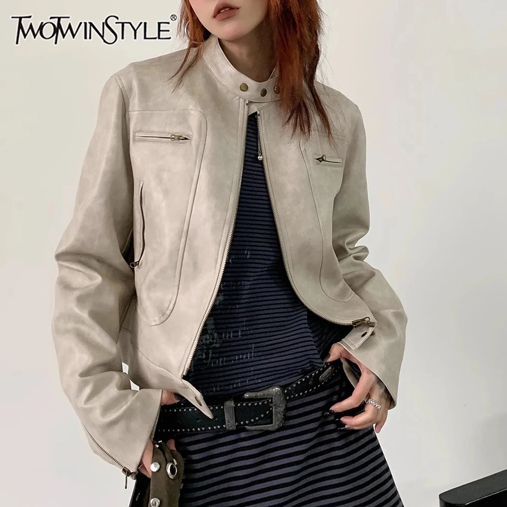

TWOTWINSTYLE Solid Spliced Zipper Leather Jackets For Women O Neck Long Sleeve Patchwork Pockets Coat Female Fashion Style New