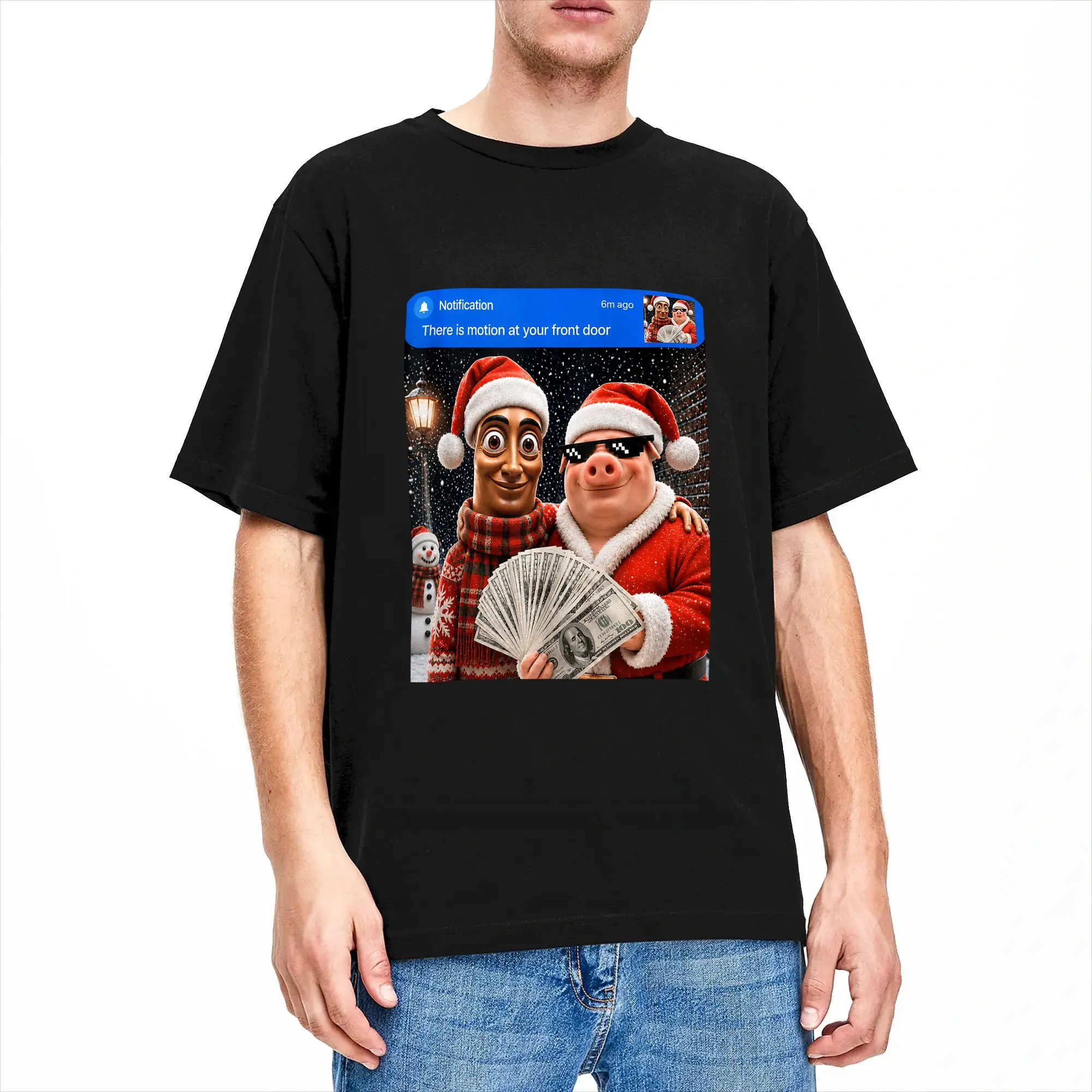 Funny John Pork and Tung Tung Sahur Front Door Motion Chirstmas T-Shirt Men Round Collar Cotton T Shirts  Short Sleeve Tee Shirt