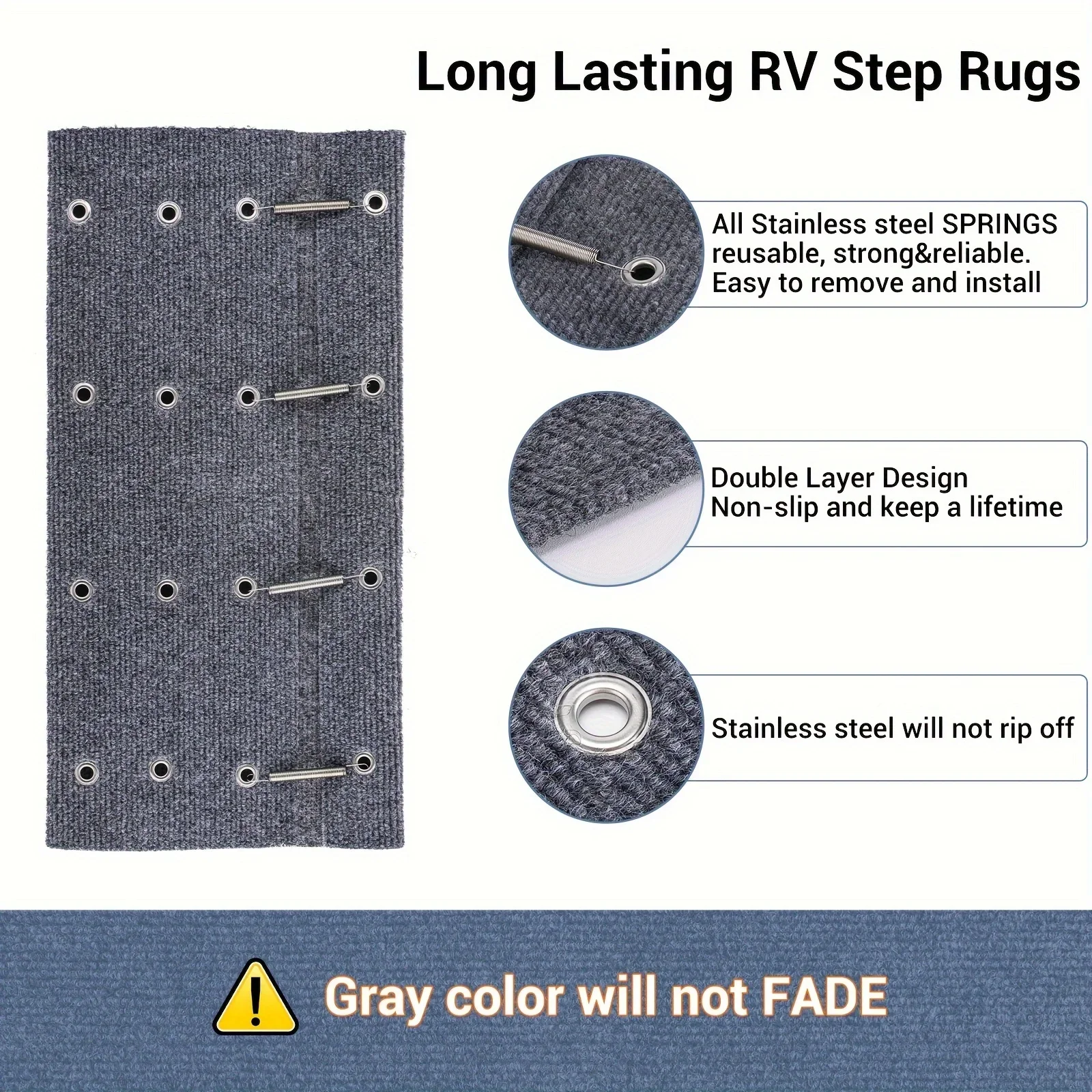 Gray Outdoor Camper Step Mats - High-Quality Spring-Loaded RV Step Rugs for Reducing Noise and Protecting Steps from Wear