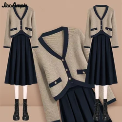 Women 2025 Autumn New Knit Coats Skirts 1 or Two Piece Set Korean Lady Chic Short Sweater Cardigan Skirt Outfits Knitwear Female