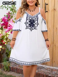 GIBSIE Plus Size Cold Shoulder Ethnic Print Dress Women Summer Tie Front Vacation Casual Loose Boho Mini Dresses Without Belt