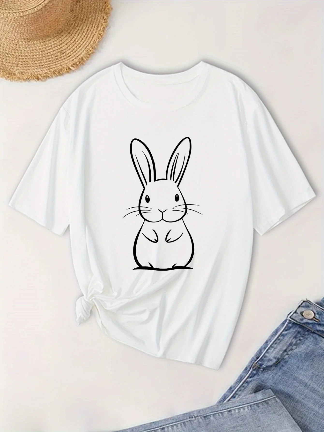 Women'S Cute Cartoon Rabbit Print Breathable Short Sleeve Crew Neck Casual Sporty Style for White with Black Bunny Desig