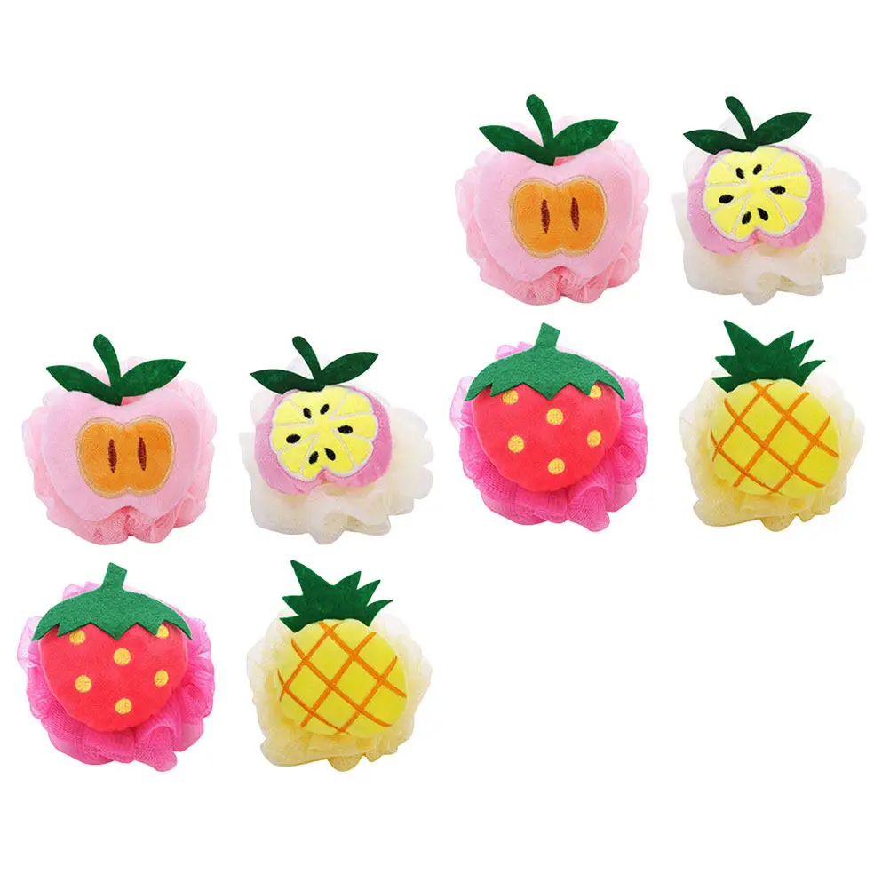 8Pcs Fruit Shaped Bath Ball Colorful Exfoliating Shower Scrubber for Body Cleansing with Hanging Rope Mesh Pouf for Family