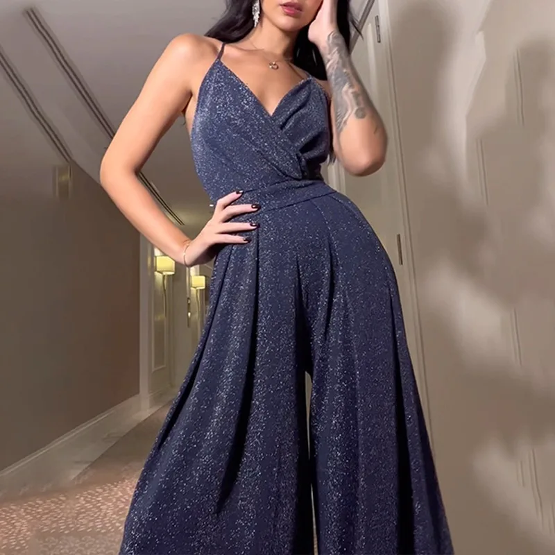 SS25 جديد النمط الغربي المرأة بلا أكمام السباغيتي حزام العميق الخامس الرقبة Bodycon قطع الظهر واسعة الساق بذلة للنساء 25-40