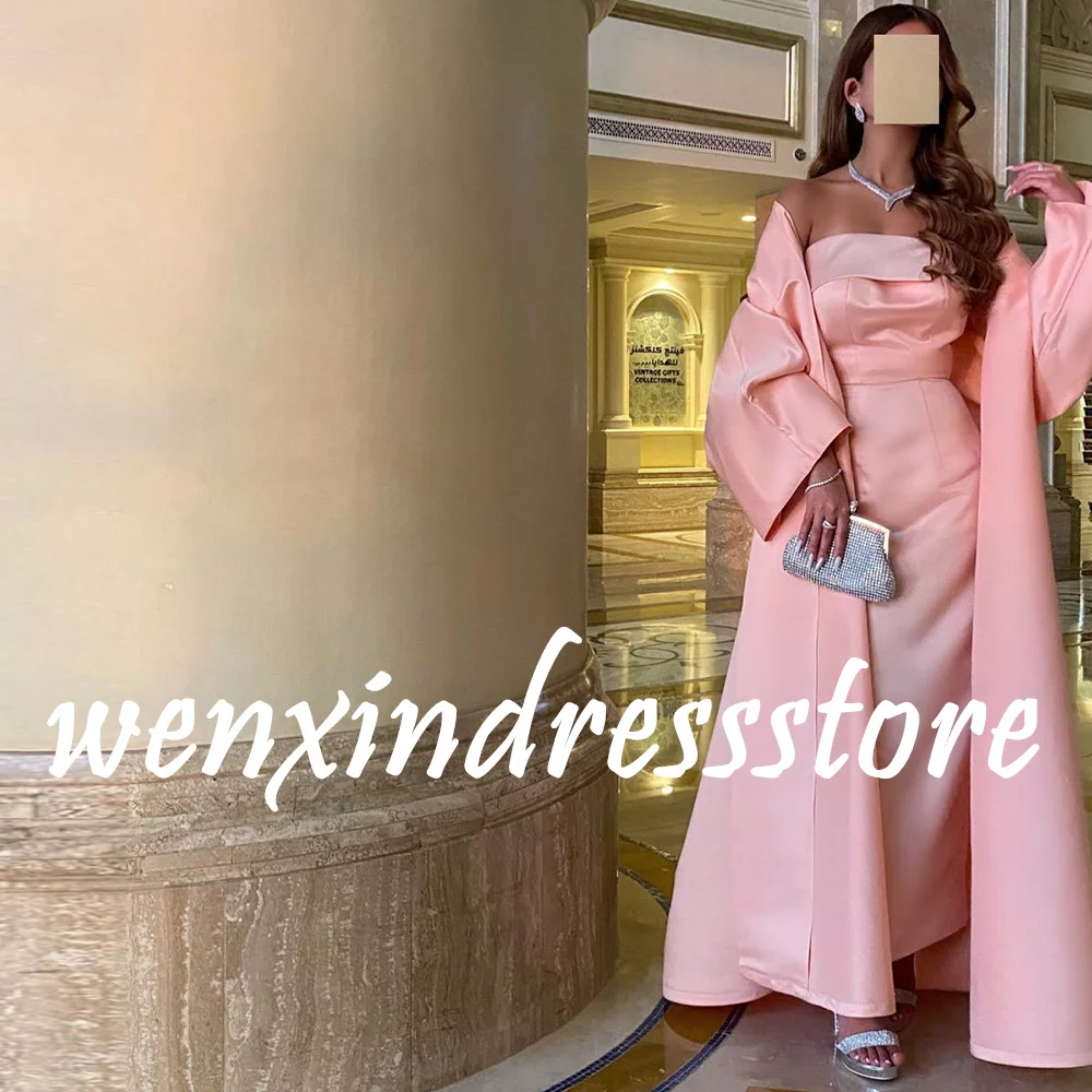 Dubai Evening Caftan Dress Pink Satin Long Sleeves Tea Length Straight Fashion Strapless Pleats Shawl Bespoke Occasion Gowns