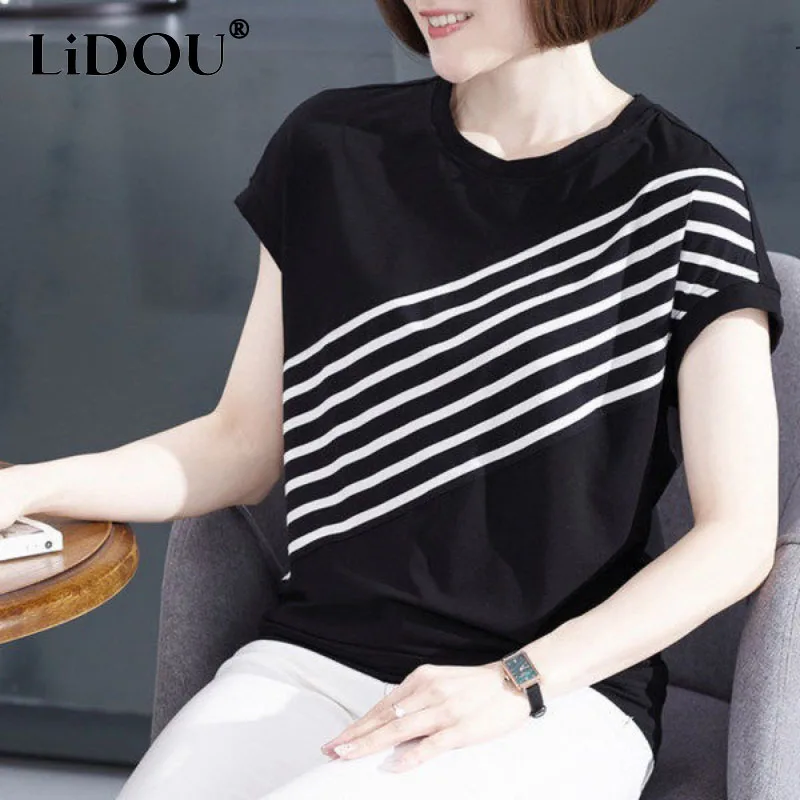 

Summer Casual Fashion Striped Korean Tops Women Loose Round Neck Lady Pullovers Short Sleeve Tee Elegant Chic Female T-shirts