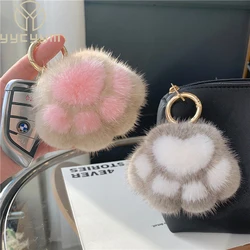 Pendant Keyrings Gift Plush Cute Cat Claw Real Mink Fur Keychain Women Bag Ornaments Small Paw Toy Soft Pom Pom Ball Car Key