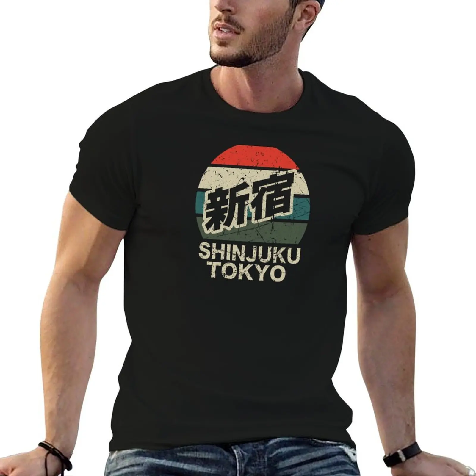 Shinjuku طوكيو اليابان كانجي شخصية المتعثرة الرجعية الغروب تي شيرت تي شيرت رجل مصمم رجل تي شيرت القطن الثقيل تي شيرت