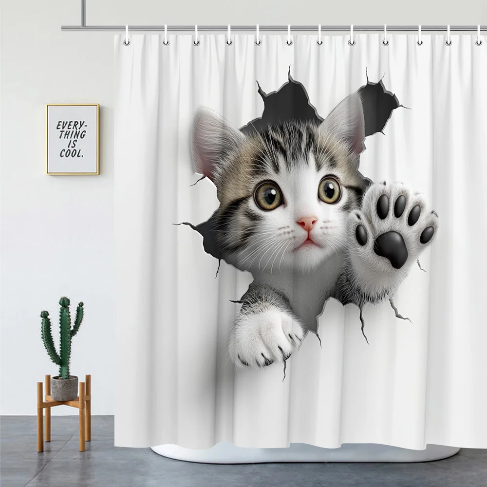 Whimsical Kitten Breaking Through Wall Shower Curtain - Realistic Cartoon Cat with Fluffy Fur & Expressive Eyes