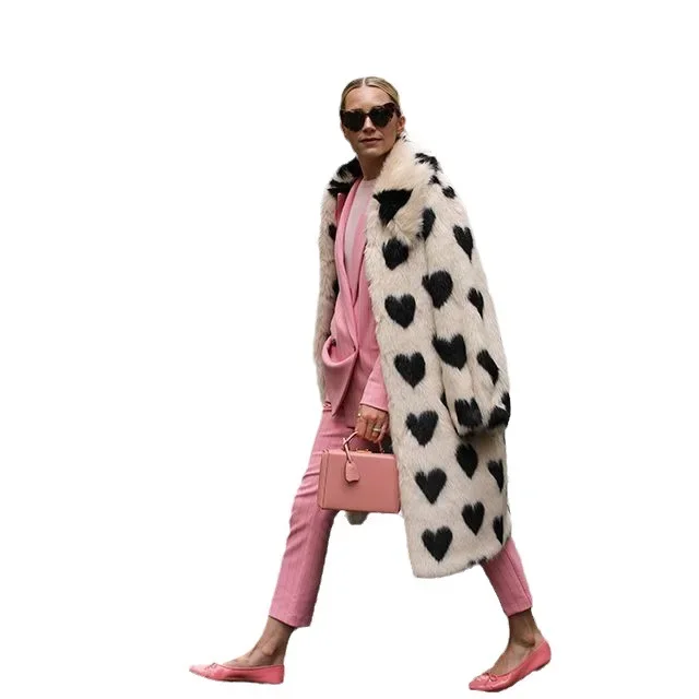 

For Female Heart Print Winter Women Mink Fur Jacket Color Neck Lady Faux Fur Coat Elegant Long Artificial Fur Ccoat