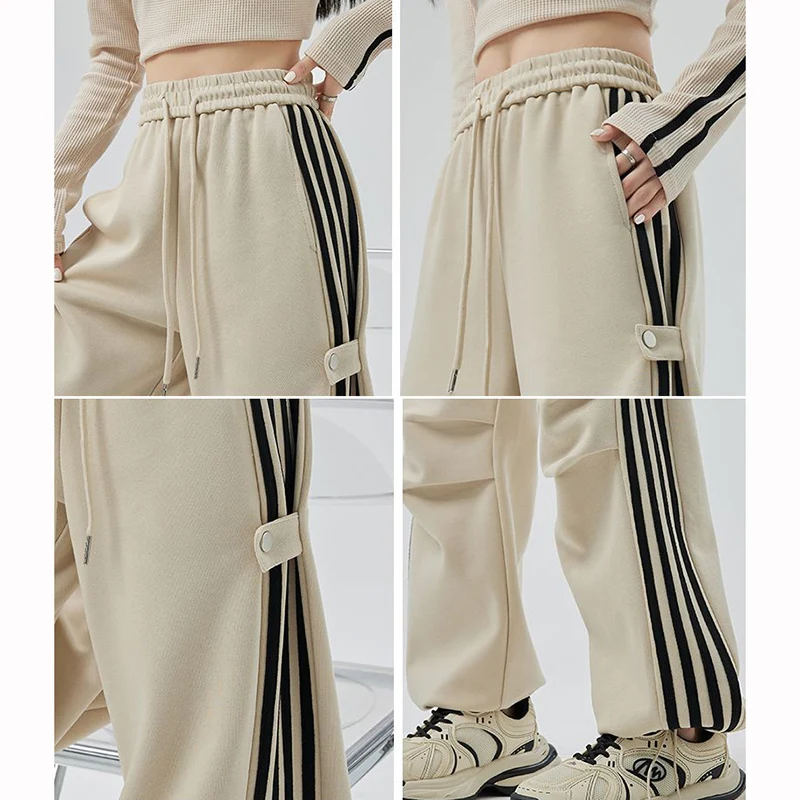 Heißer Verkauf Mädchen Hohe Taille Gerade Bein Cargo Hosen Neue Streetwear Weiblichen Koreanischen Hosen Dame Gestreiften Schnell Trocknend Hosen