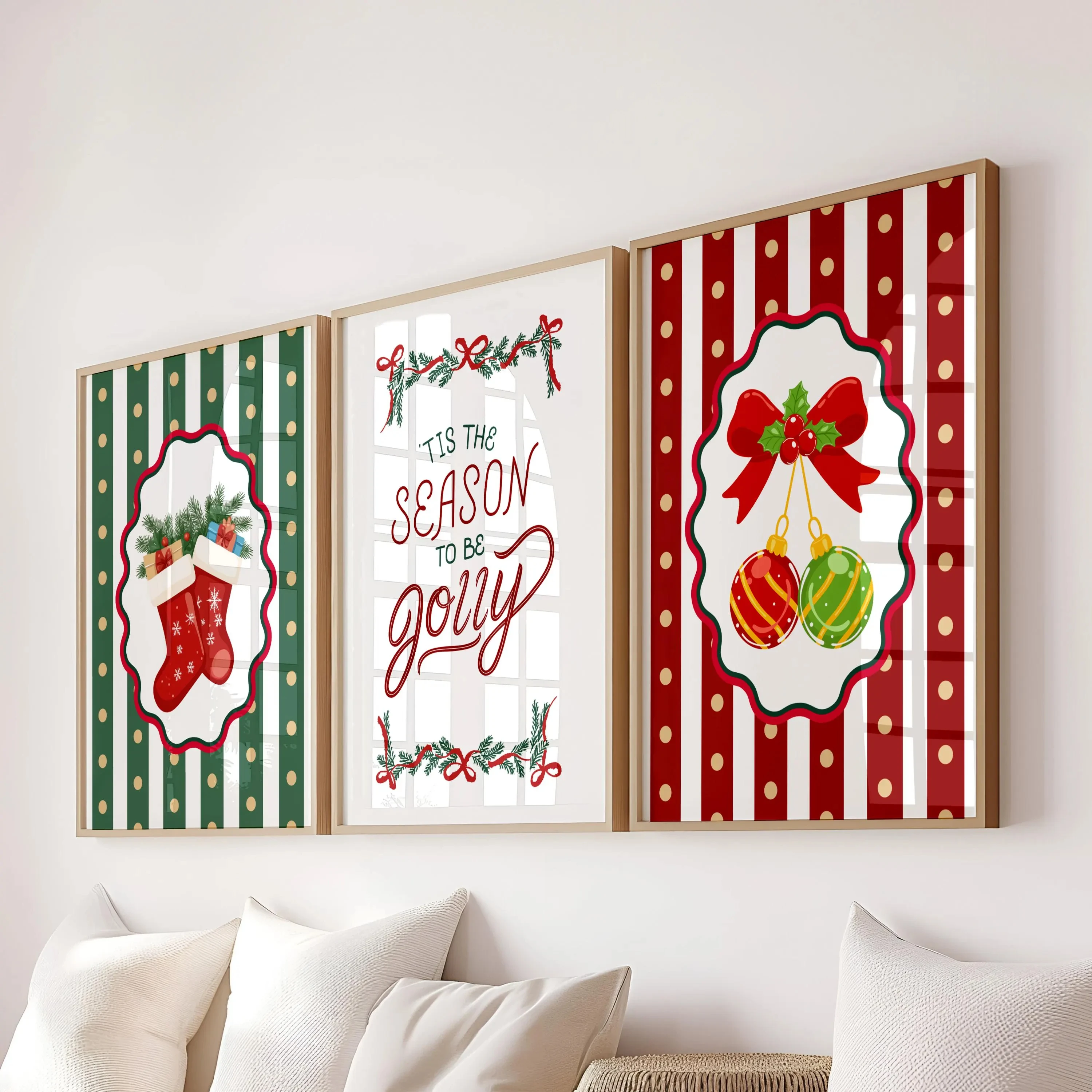 Set of 3 Cute Christmas Wall Art,Stripe Polka‑dot Xmas Stocking Bauble & Holiday Quote Print,Farmhouse Living Room Holiday Decor