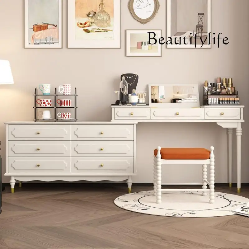 

Cream chest dresser integrated American medieval solid wood dresser end corner retractable makeup table