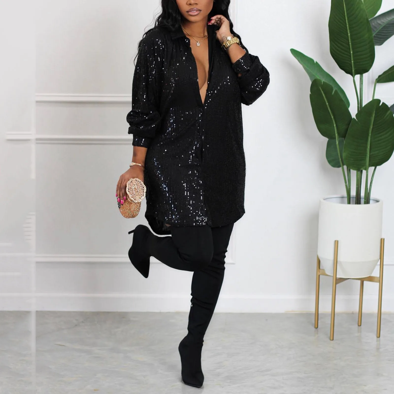 Female Sparkly Sequins Blouse Buttoned Solid Color Shirts Women Plus Size Tunic V Neck Mini Dress Long Sleeve Loose Shirt Fall