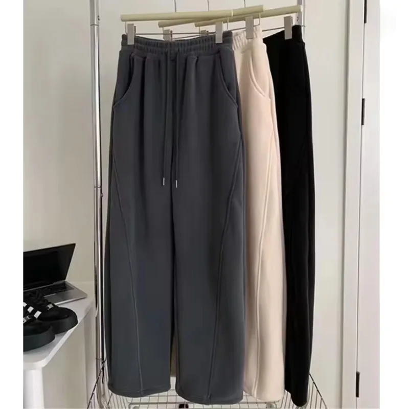 

Женские флисовые брюки с высокой талией, свободные, широкие штанины, утепленные, теплые, прямые, на шнурке, с прострочкой, женские брюки-джоггеры