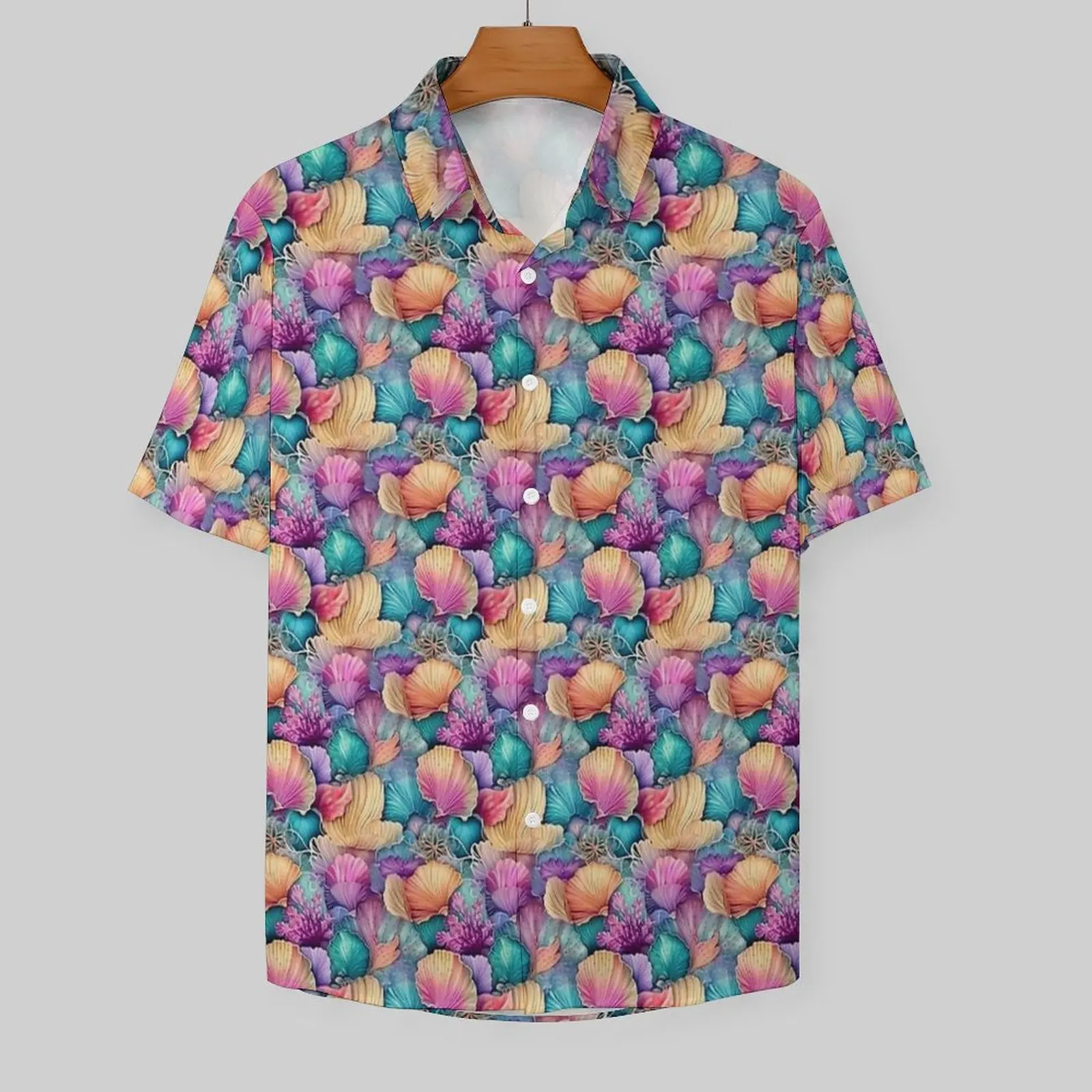 Sea Shells Vacation Shirt Man Colorful Print Cool Casual Shirts Summer Short Sleeve Streetwear Design Plus Size 4XL Blouses Gift