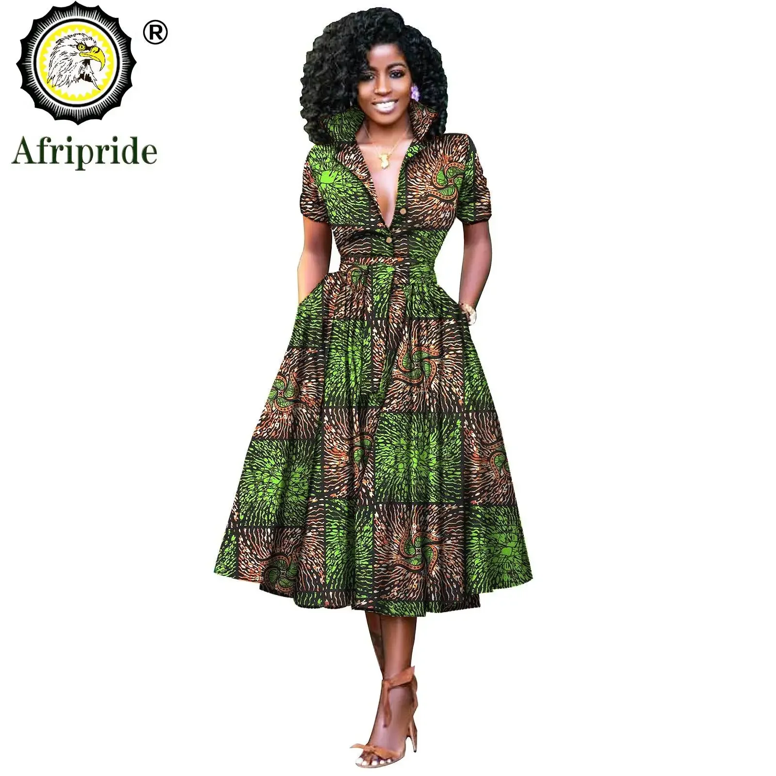 African Dresses for Women Short Sleeve V-neck High Waist Ankara Fabric Print Formal Dress Pure Cotton Bazin Riche Dress S2025072