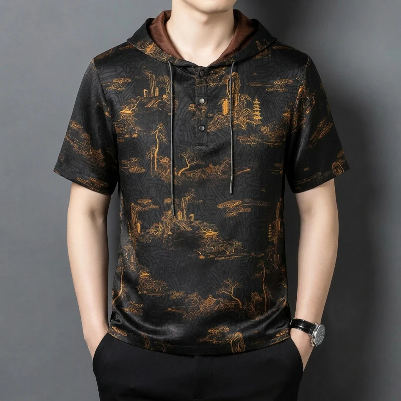 Natural Silk 100% Hooded Neck T Shirt For Men Short Sleeve Print Summer Quality Skin-Friendly Coolness Satin Camisetas De Hombre