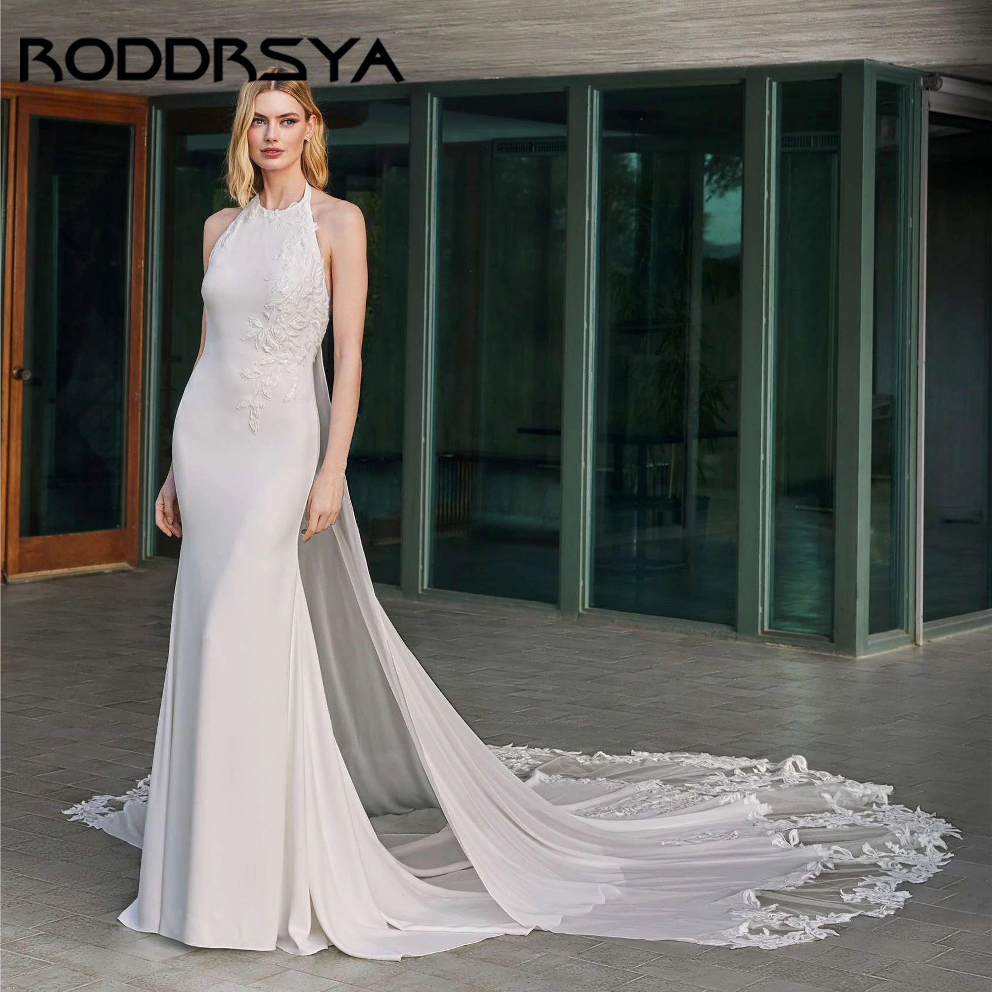 

Luxury Crepe Halter Neck Mermaid Wedding Dresses Bride Robe Sleeveless Bridal Gowns Classic Elegant Vestido De Noiva Customized