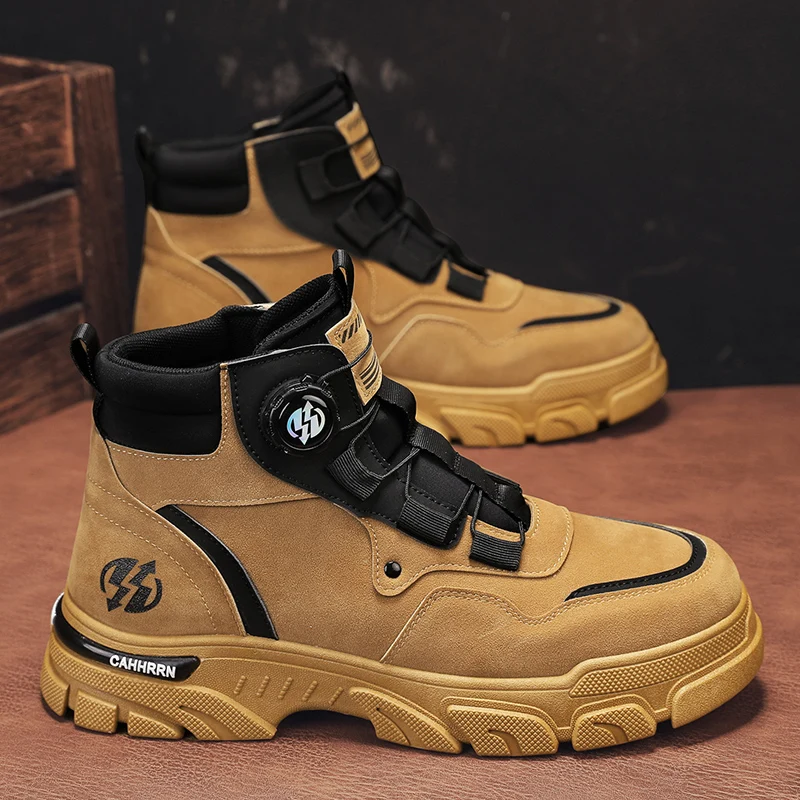 Autumn and Winter Yellow Men Ankle Boots Outdoor Men's Motorcycle Boots Platform Work Boots Men High Top Biker Shoes for Men
