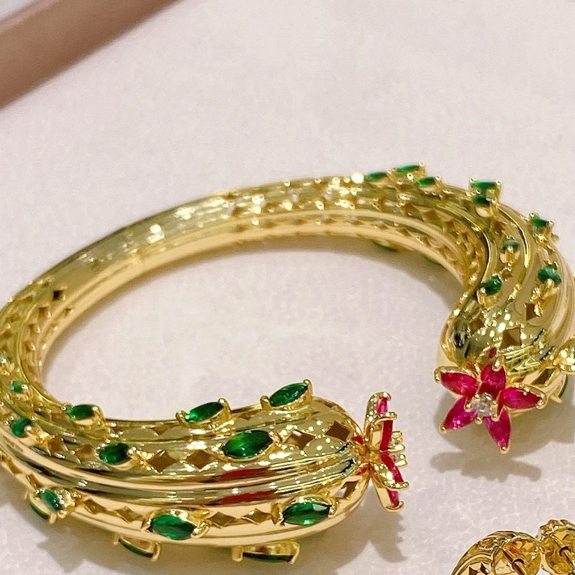 925 Silver Lab Red Corundum Green Emerald Gemstone The Desert Flower of Cacti Cuff Bangle Hoop Earrings Open Rings Jewelry Set - view 4