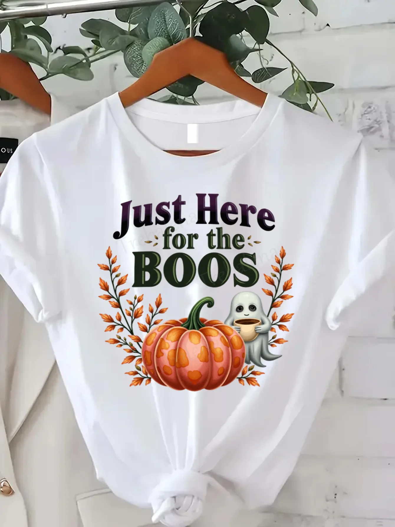 

Round Neck T-shirt Just Here for the BOOS Halloween Pumpkin Ghost Tee Women Plus Size Short Sleeve Tee Fashion Casual Top