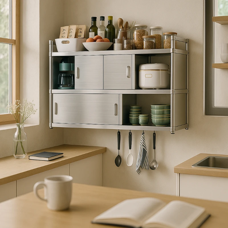 

Heavy Duty 201 Stainless Steel Wall Cabinet with Sliding Door 4-Tier Pantry Bathroom Storage Organizer Hanging Shelf