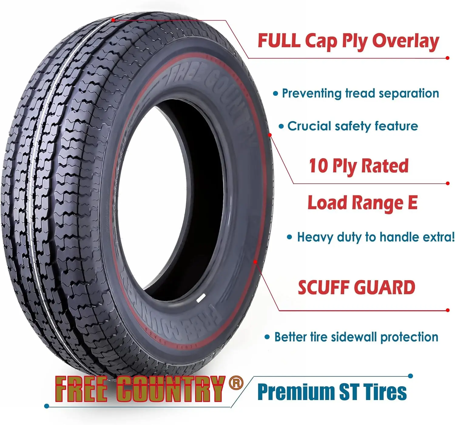 3 FREE COUNTRY Heavy Duty Trailer Tires ST205/75R15 205 75 15 10-Ply Load Range E Steel Belted Radial w/Scuff Guard