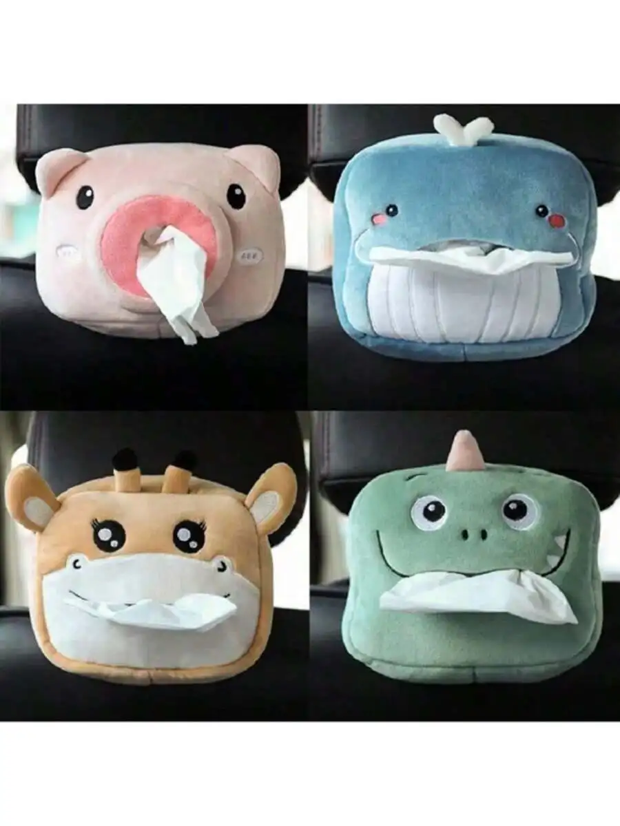 2024 Car Cute Cartoon Plush Tissue Box Holder Animals Napkin Paper Portable Drawer Box Car Styling Multi-Function Car Supplies