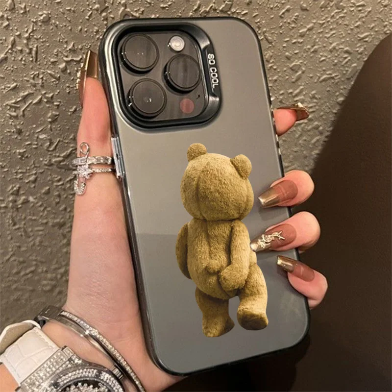 New Cartoon Teddy Bear Couple Matte Laser Phone Case For iPhone 16 15 14 13 12 11 Pro Max X XS XR 7 8 Plus SE Shockproof Cover