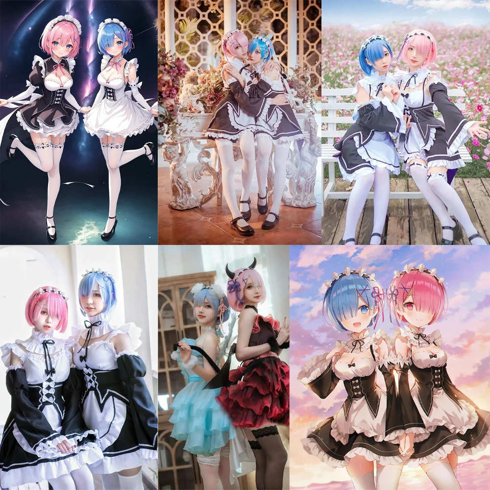 Anime Ram Rem Cosplay Synthetisch haar 12 inch Roze en blauw Kort steil haar Stage Performance Dagelijkse pruik Natura Hittebestendig