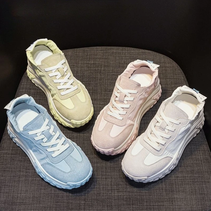 

Women Vulcanized Shoes Fashionable Thick Sole Silver New Soft Leather Height Increasing Casual Sports Dad Shoes