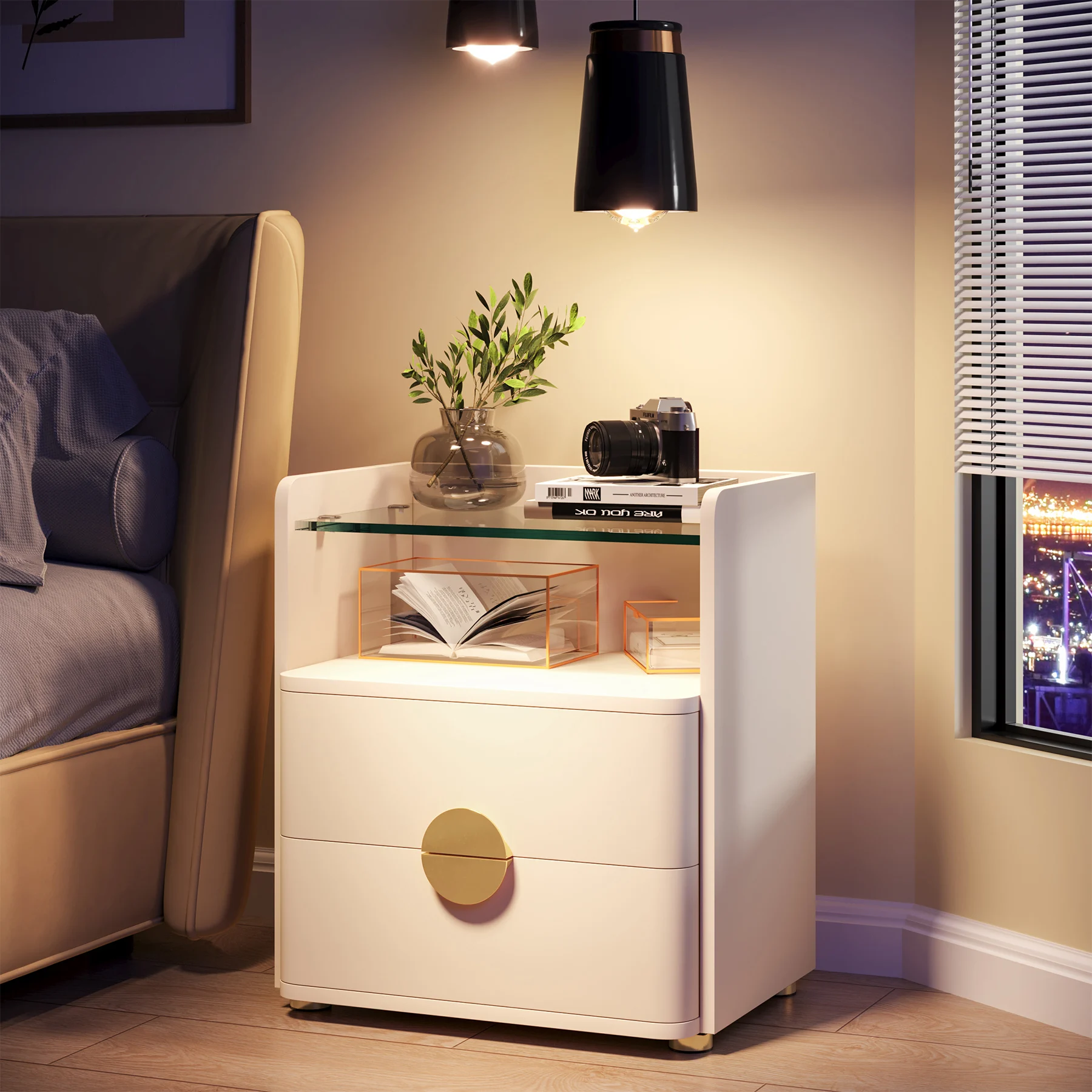 Tribesigns Nightstands, 2-Drawer Modern Night Stand with Open Storage Space, Wood Bed Side Table, Tempered Glasses End Table image 2