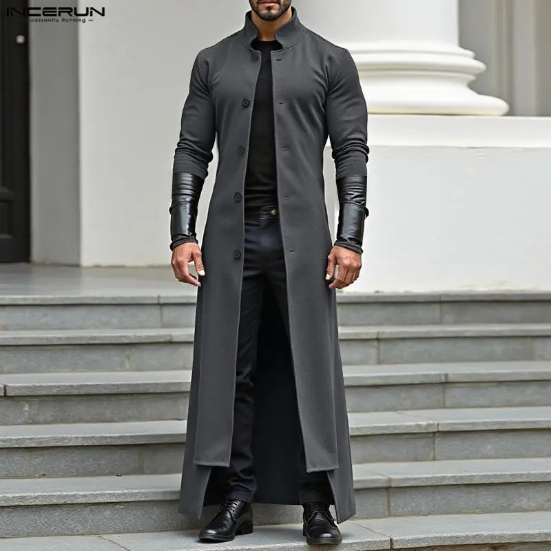 เสื้อโค้ทผู้ชาย INCERUN ทรงยาว แบบต่อผ้า คอตั้ง แขนยาว ติดกระดุม  แบบกันลม สไตล์สตรีทแวร์ แฟชั่นลำลอง