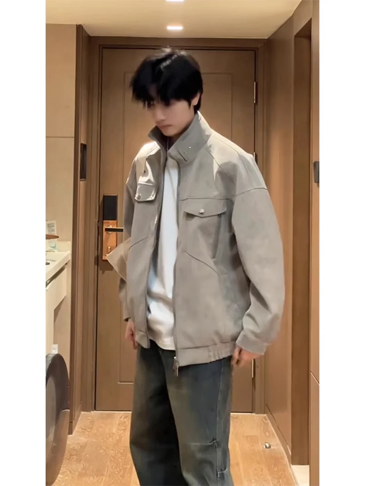 

Мужская демисезонная куртка из искусственной кожи, ветрозащитная, в стиле деконструированного бомбера, модная, премиум-класса, с воротником-стойкой, на молнии