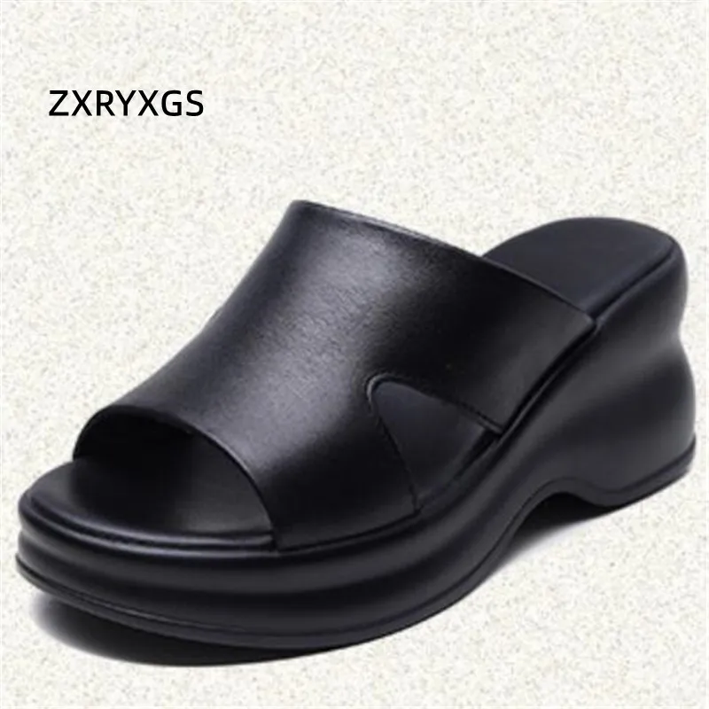 

ZXRYXGS Premium Cowhide Outer Wear Slippers Platform High Heel Sandals 2024 Elegant Comfortable Women Genuine Leather Slippers