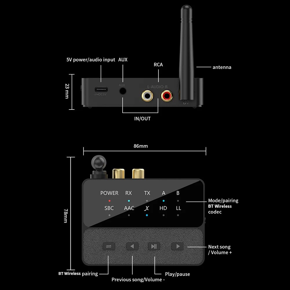 Adaptador de Audio Compatible con Bluetooth 5,3 APTX/HD/LL 3,5mm AUX/RCA 2 en 1 transmisor receptor estéreo inalámbrico para altavoz TV PC
