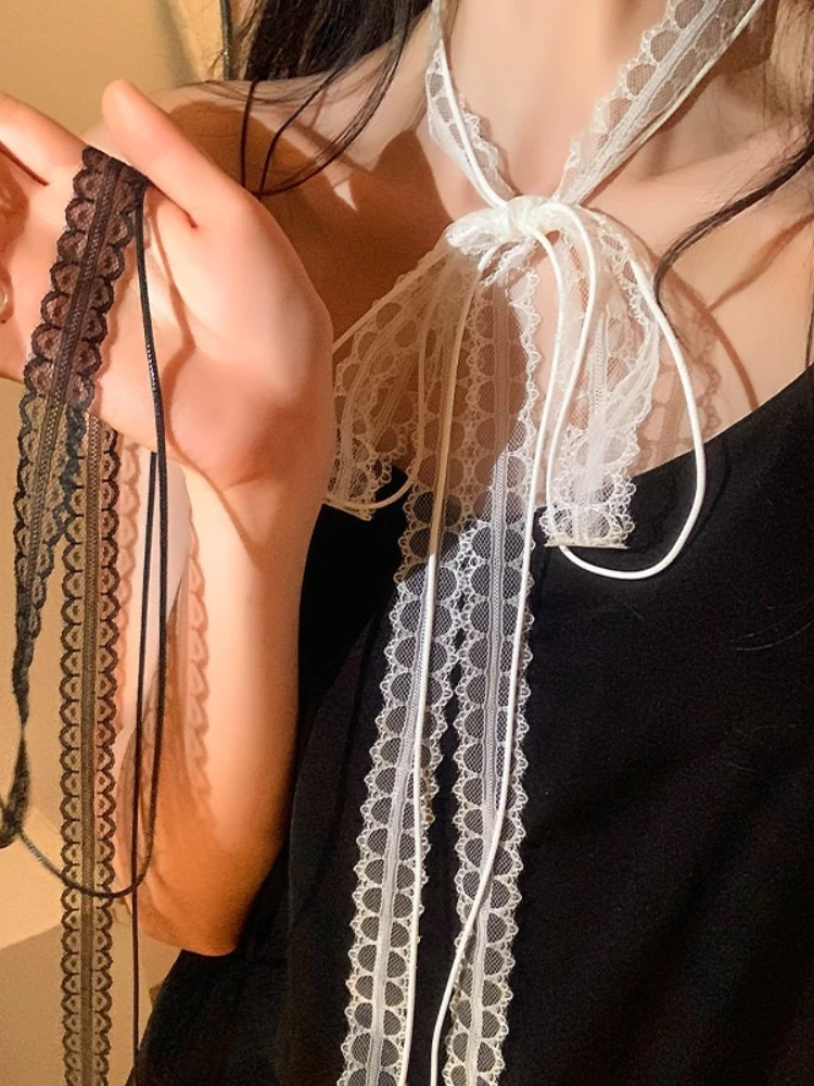 Mode coréenne douce dentelle écharpe nœud papillon cravates femmes été mince maille fleur longue petite écharpe polyvalent tour de cou accessoires