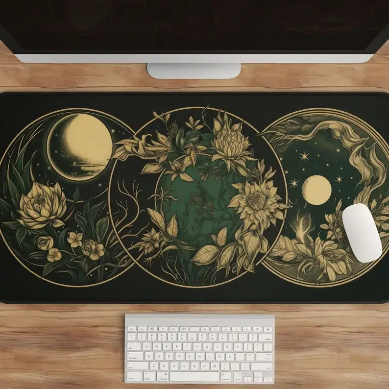 Celestial Desk Mat Moon Phases Art Nouveau Witch Aesthetic Green Dark Academia Cottagecore Mousepad XXL Gaming Cute Desk Mat