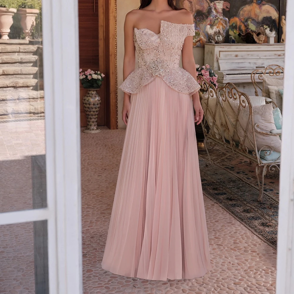 

Customized A-line Evening Dresses Floor-length Off The Shoulder Sleeveless Prom Gown Fashion Sequined Flowers Draped Party Gown