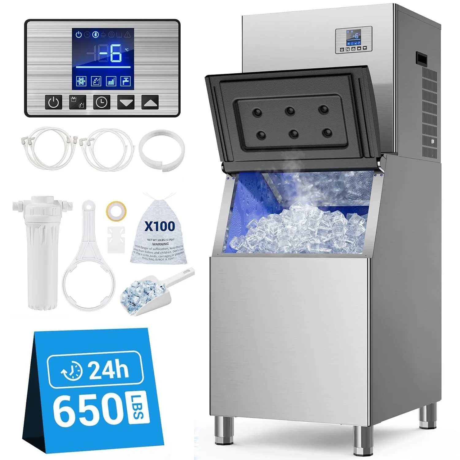 

650LBS/24H Air Cooling Commercial Ice Maker Machine Large 400lbs Storage Bin