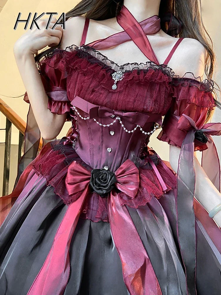 Lolita Dress Luxury Elegant Burgundy Flower Wedding Light Princess Dress Fairy High Waist Slim Ruffle Edge Big Swing Dress Robe