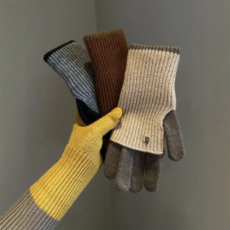 Maillard winter wool gloves, dual-purpose color blocked knitted women's gloves for warmth cycling students